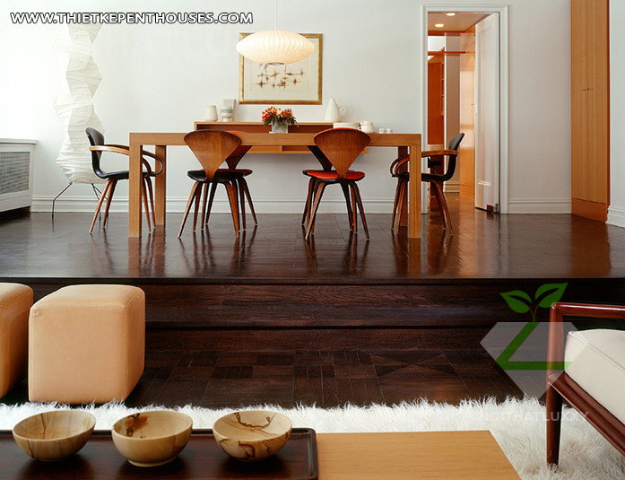 Thiết kế nội thất Penthouse với sàn gỗ tối màu