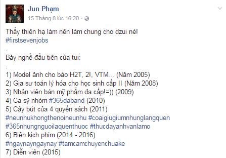 Chia sẻ ở fanpage Jun Phạm về những nghề “sau khi biết thế nào là tiền bạc” như anh nói…