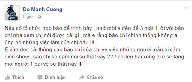 Đỗ Mạnh Cường tiếp tục phản ứng với bản thông cáo của phía BeU và Vietnam’s Next Top Model .