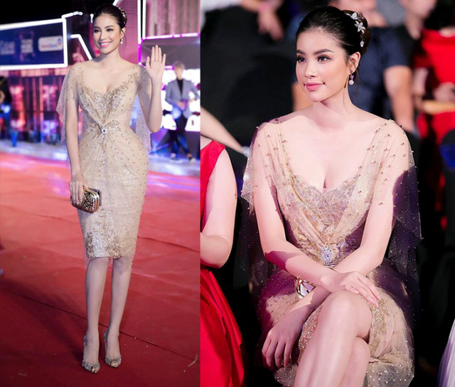 Một Phạm Hương nữ tính, đằm thắm hơn cũng trở thành tâm điểm của thảm đỏ tuần này. Hoa hậu Hoàn vũ Việt Nam 2015 trang điểm nhẹ nhàng, trong suốt với màu môi hồng nhạt ngọt ngào.